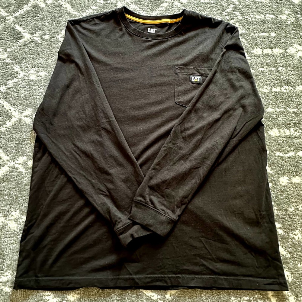 CAT Shirt Mens XL Black Long Sleeve Cotton Pocket Workwear Caterpillar Tractor
